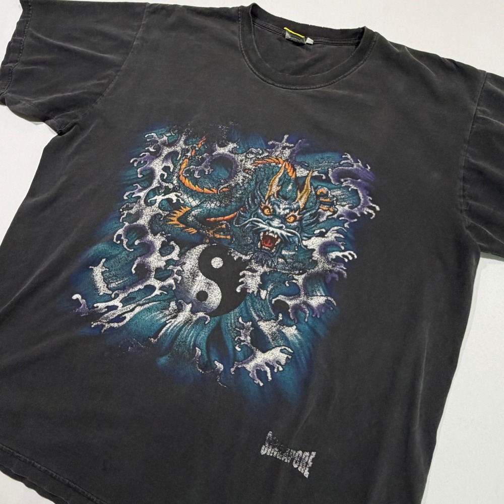 Vintage 90s Dragon Yin Yang T Shirt Mens XXL Black Singapore Graphic Y2K Goth